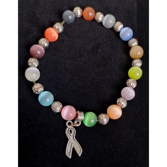 Colorful Beads & Silver Beads & Plated Hope Ribbon Cancer Awareness Bracelet - Picture 1 of 3